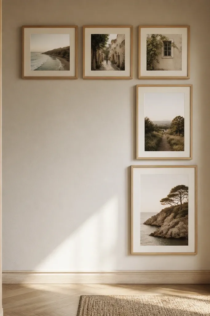 An L-shaped collage in a hallway corner: a top row of three small frames (4x6), a right-side vertical column of two frames (5x7 and 8x10), and a visible corner gap. Frames are natural wood with cream mats.