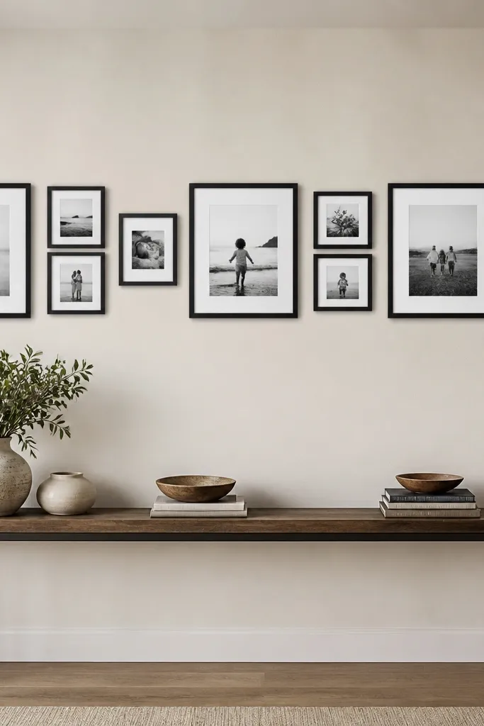 A long horizontal row of mixed frames above a narrow console table. There are three 11x14 frames evenly spaced with several 5x7 frames between them, all in matte black with white mats.