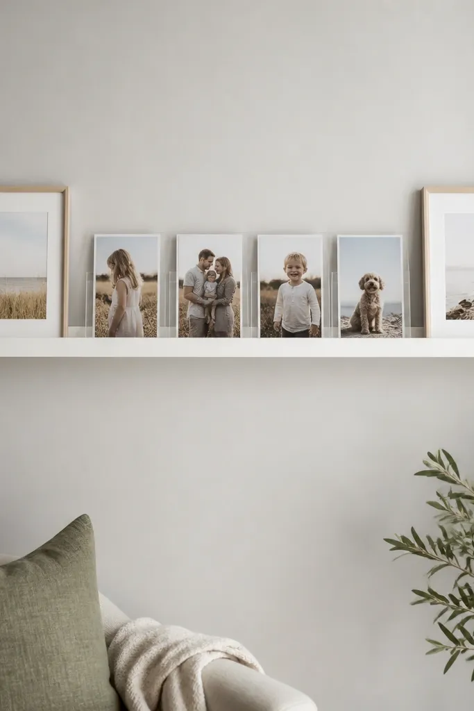 A white photo ledge shelf holding 4x6 photos in clear acrylic stands, with two small 8x10 frames attached on either side. The wall is light gray, and the photo ledge has a slight lip.