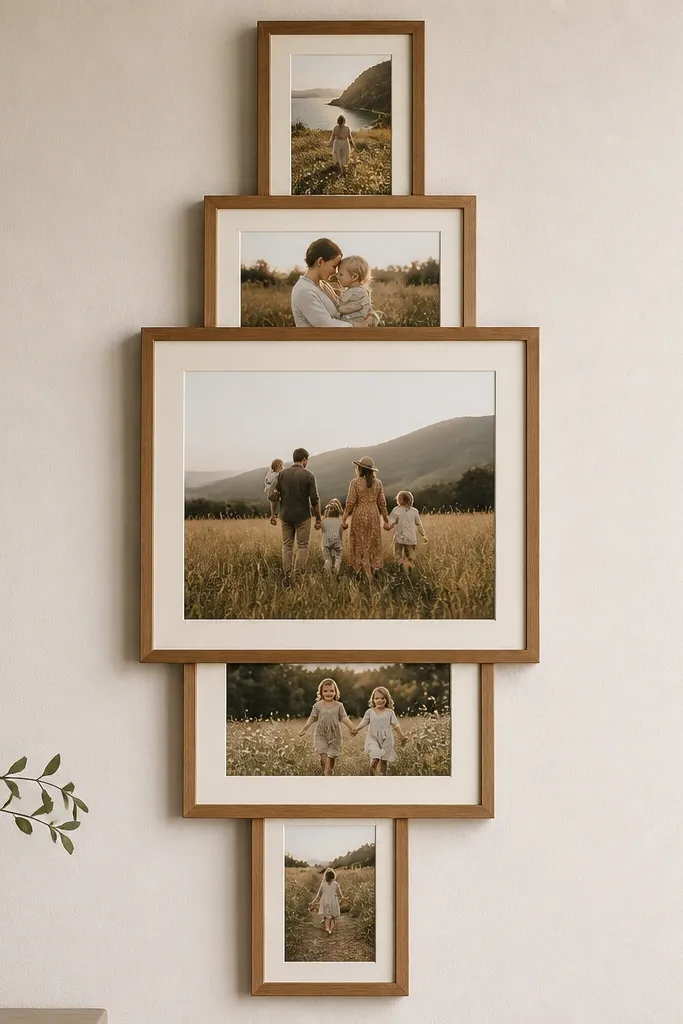 A vertical collage of five frames where each frame slightly overlaps the next by about 1/4 inch. The center frame is 8x10, and the rest are 4x6 and 5x7, all in warm wood with cream mats.