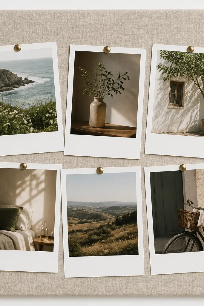 A cluster of six polaroid-style prints pinned in a loose square. Each photo has a thick white border, and the cluster is backed by a single beige linen board. Thumbtacks are visible at the corners.