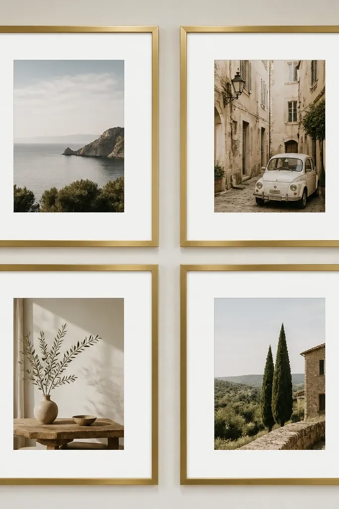 A clean museum-style arrangement: four 11x14 frames in a square grid, each with wide white mats. Between frames there is a consistent 2-inch gap, and the frames are brushed gold.