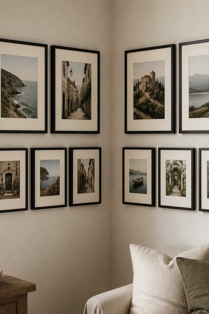 A corner display with two horizontal rows on adjacent walls. The top row has two 8x10 frames each side, and the bottom row has three 5x7 frames each side, all in matte black with cream mats.