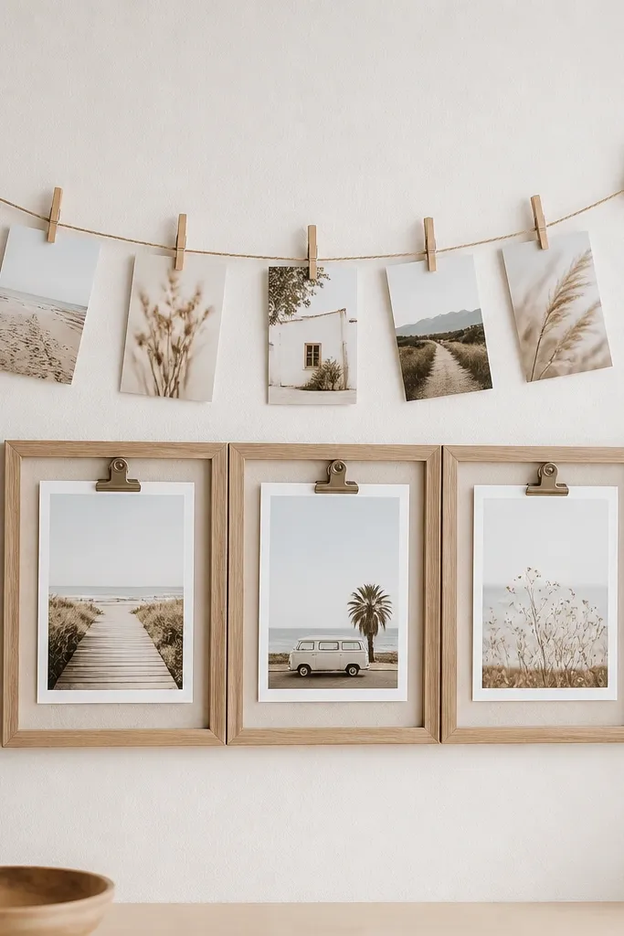 A row of three clip frames across a wall, each holding a 4x6 photo. Above them are two small hooks with a string and clothespins holding extra prints. Colors are light wood and white.