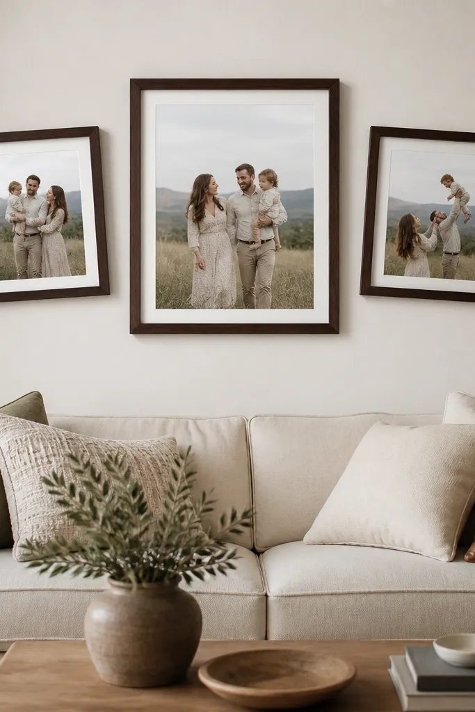 Three frames arranged above a couch: a large 16x20 in the center and two medium 8x10 frames angled slightly outward. The frames are dark walnut with glass, and the photos show a family outdoors.