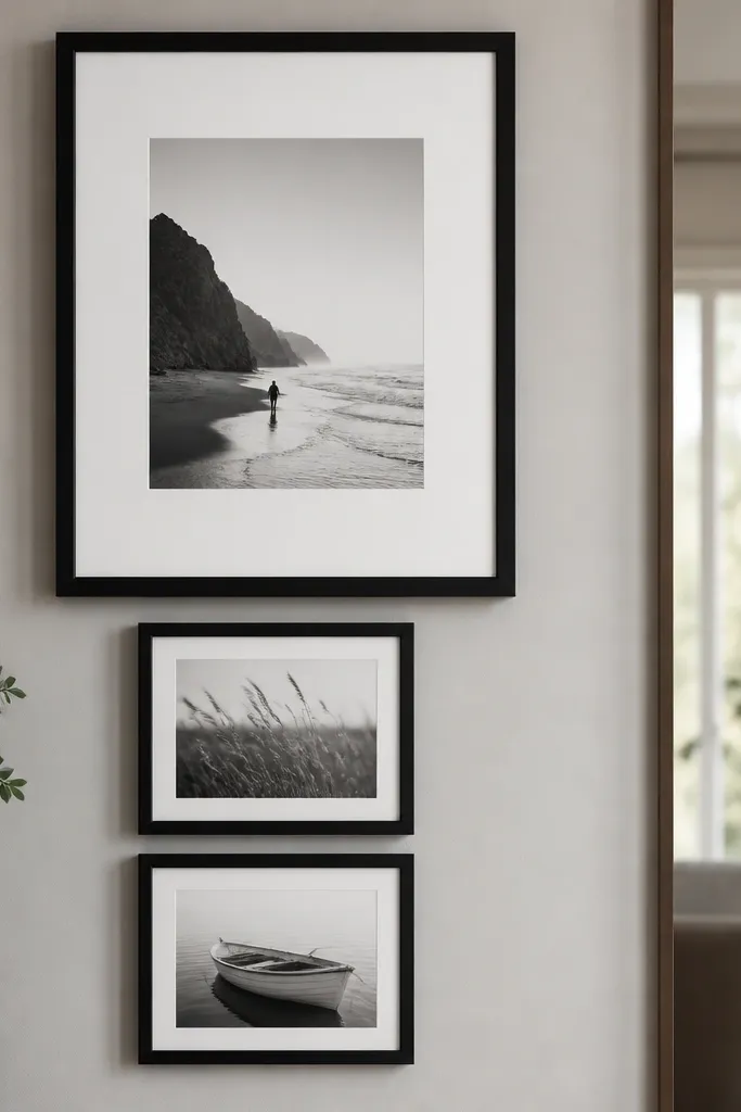 A large 11x14 frame with a wide white mat on top, and two small 5x7 frames stacked beneath it, all aligned to one left edge. The frames are simple black and the photos are mostly monochrome.
