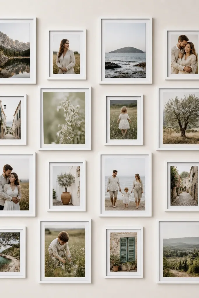 A rectangular collage with alternating frame sizes like a checkerboard: 8x10 frames and 5x7 frames alternate in a neat grid. Frames are white with subtle black inner edges, and the photos are spaced evenly.