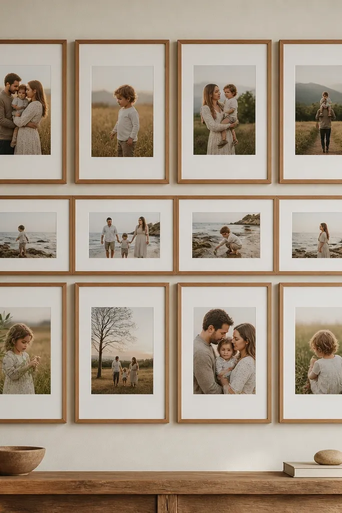 A mostly square grid of frames with one horizontal strip in the middle made of four 4x6 frames. The rest are 8x10 frames, all in warm wood, with consistent white mats.