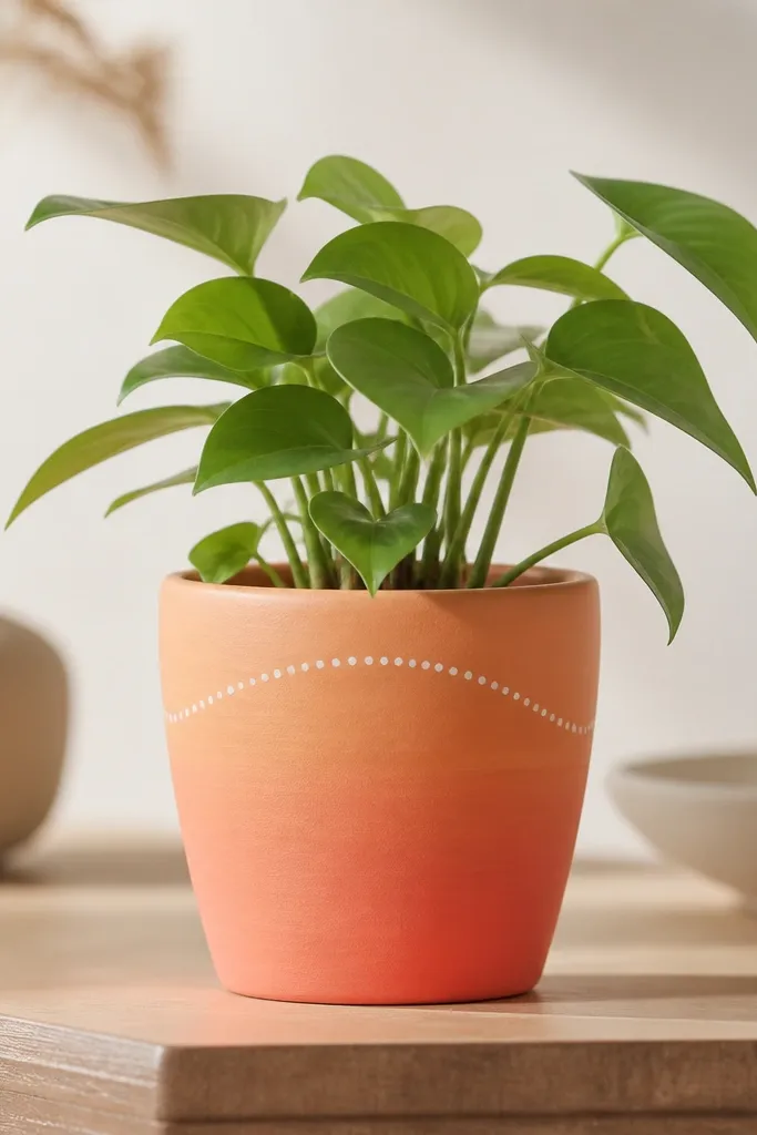 A small terracotta pot painted in a smooth sunrise gradient from peach to light coral, with a thin arc horizon near the top made of tiny white dots, and a matte clear finish. The plant sits in the center with bright green leaves.
