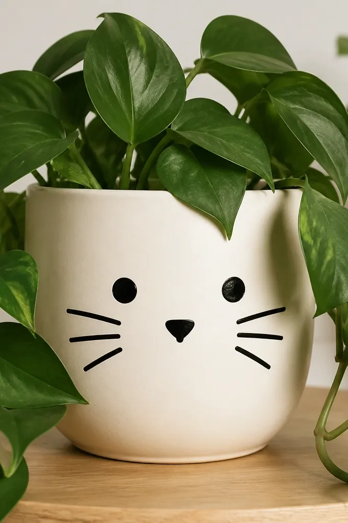 A cream-painted small pot with a simple black cat face: round eyes, a small nose, and whisker lines on both sides. The paint is crisp and the finish is satin, with the plant's leaves framing the face.