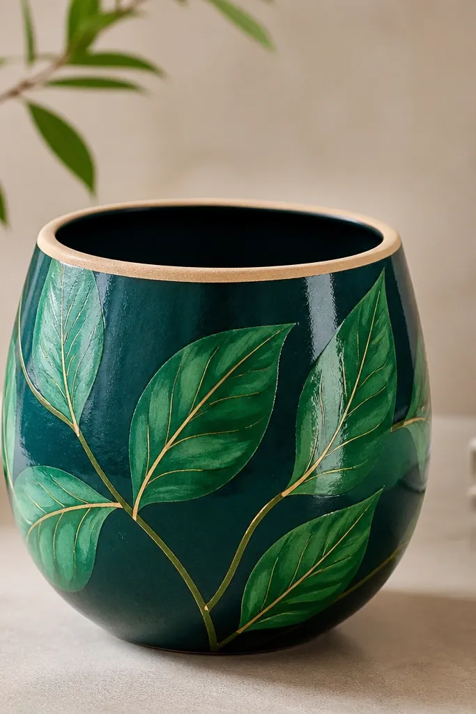 A small pot painted in deep teal with hand-painted emerald leaf shapes wrapping around the pot, plus a few thin yellow veins inside the leaves. The top has a clean unpainted rim line and a glossy-satin finish.