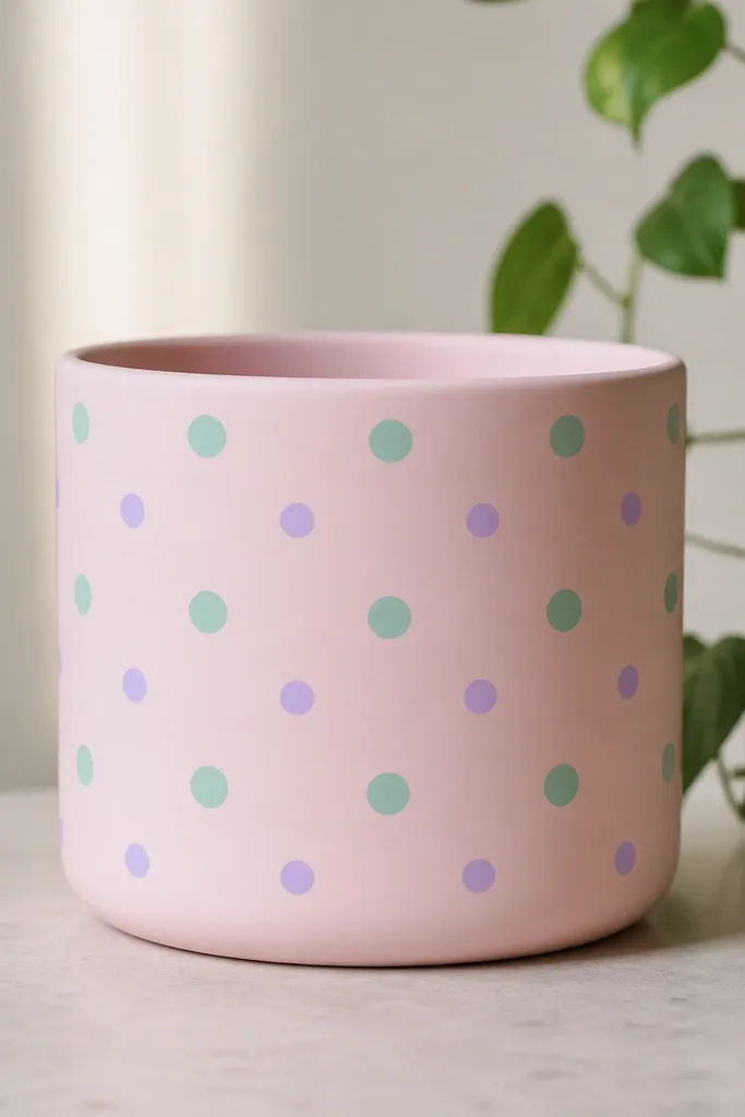 A light blush pink pot covered with polka dots: larger dots in mint green and smaller dots in pale lavender, evenly spaced in neat rows. The rim is clean and the finish is matte.