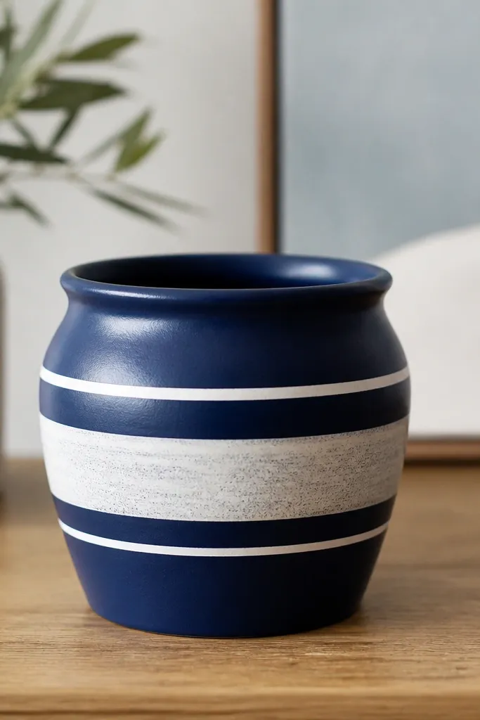 A small pot painted navy blue with three thin white horizontal stripes and one wider chalky white band in the middle. The stripes are crisp and straight, and the finish is satin.