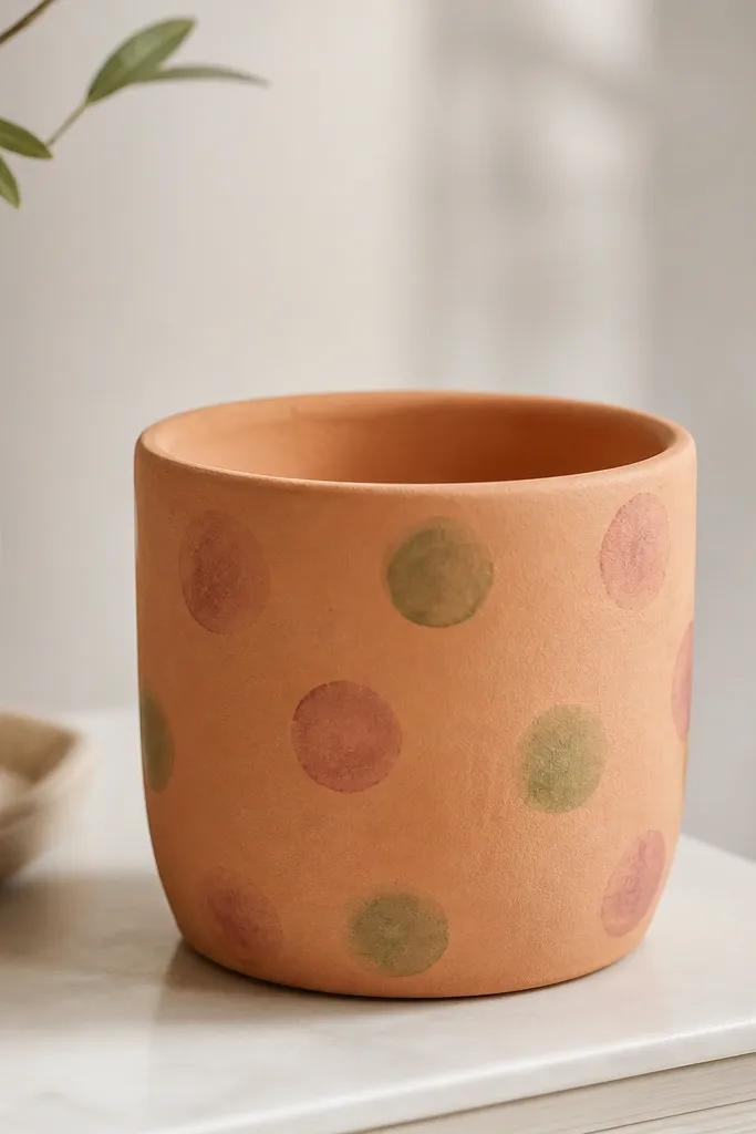 A pot left in its natural terracotta color with watercolor-style dots in muted sage green and dusty rose, fading at the edges. The rim looks clean and the finish is matte clear.
