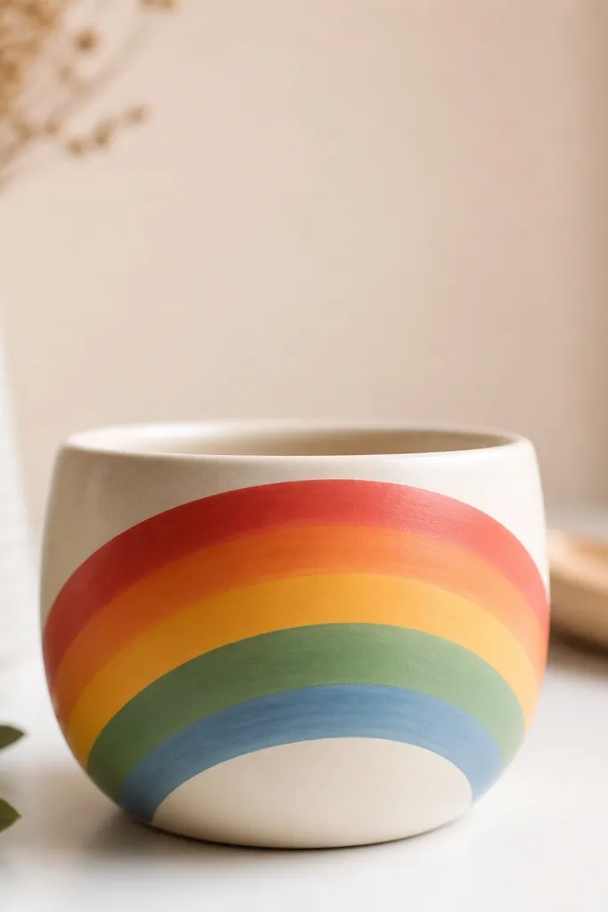 A small pot painted off-white with smooth rainbow arc stripes wrapping across the middle: red, orange, yellow, green, and blue. The arcs are wide and blended, with a satin finish.
