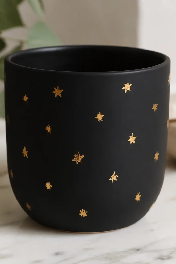 A small pot painted matte black with scattered small gold star shapes, some slightly imperfect. The stars have a metallic sheen and the rim is clean, with a matte top coat overall except the foil.