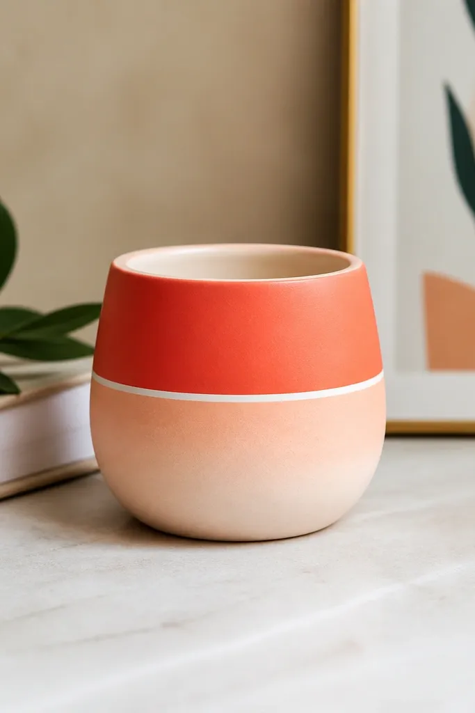 A small pot with the top half painted in bright coral blocks separated by a thin white line, and the bottom half fading into pale peach. The color transitions are smooth and the rim is crisp.