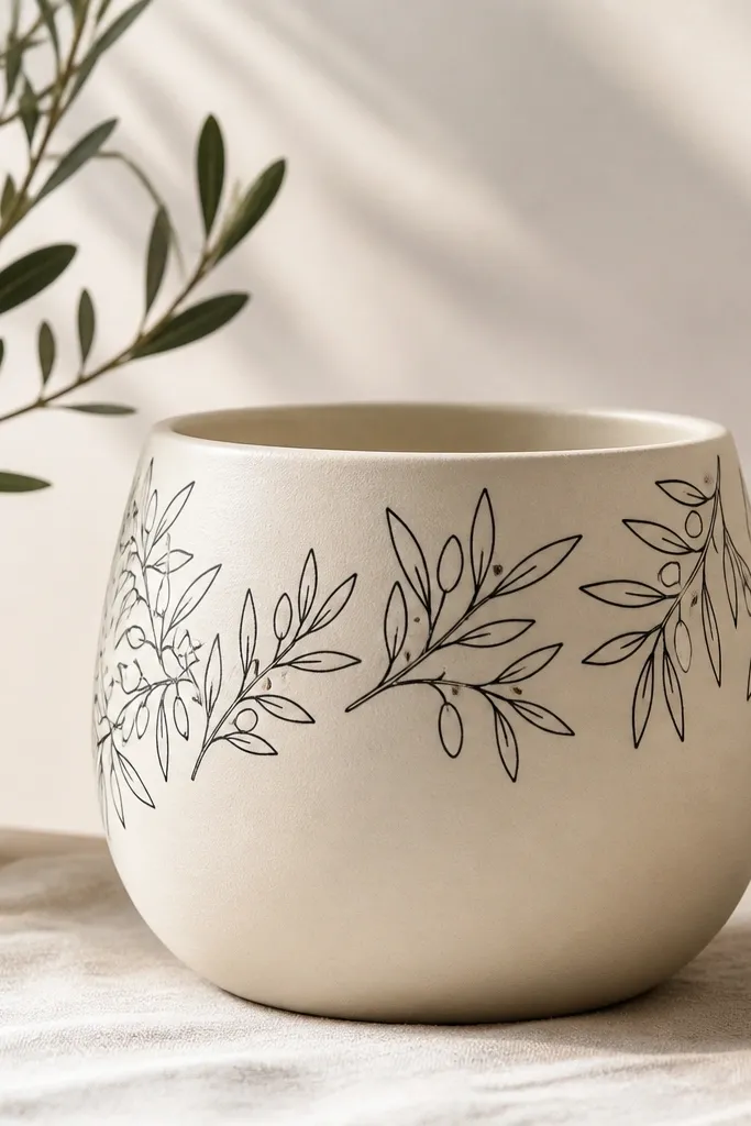 A light cream pot with black fine-line olive branches around the upper half, each leaf drawn with a simple teardrop shape. The finish is matte, and the lines are crisp like a sketch.