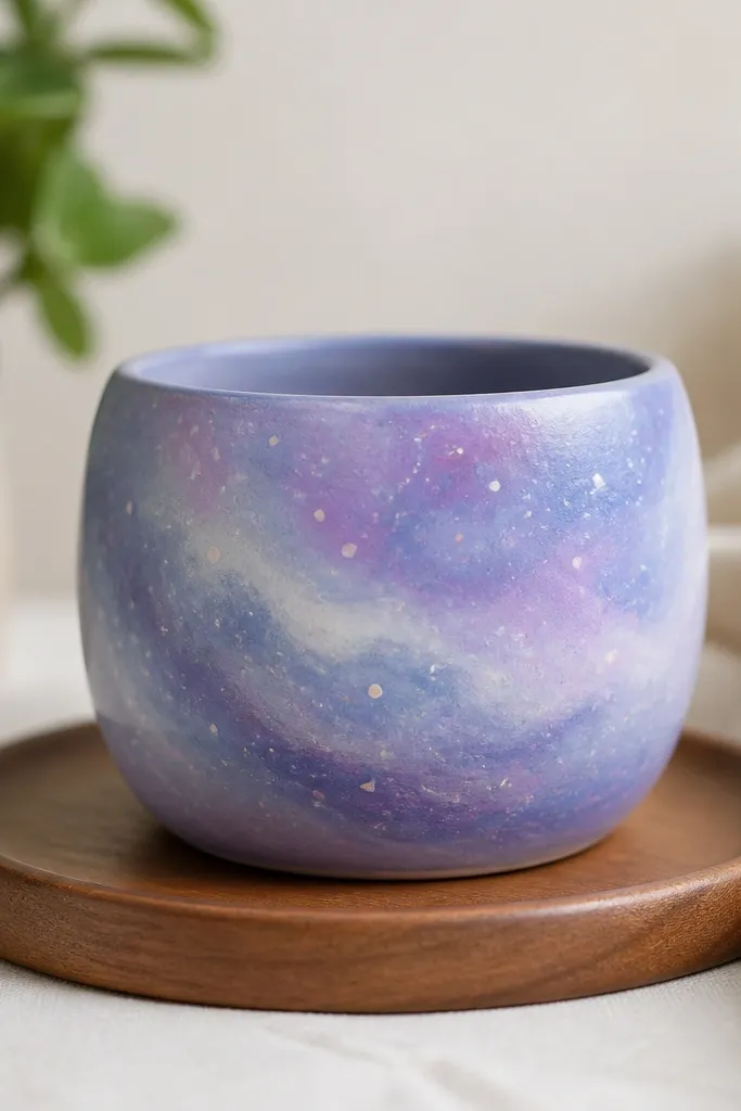 A small pot painted in soft lavender and sky blue galaxy swirls, with tiny white star dots and a few pastel speckles in pink. The finish is satin and the pattern wraps around the pot.
