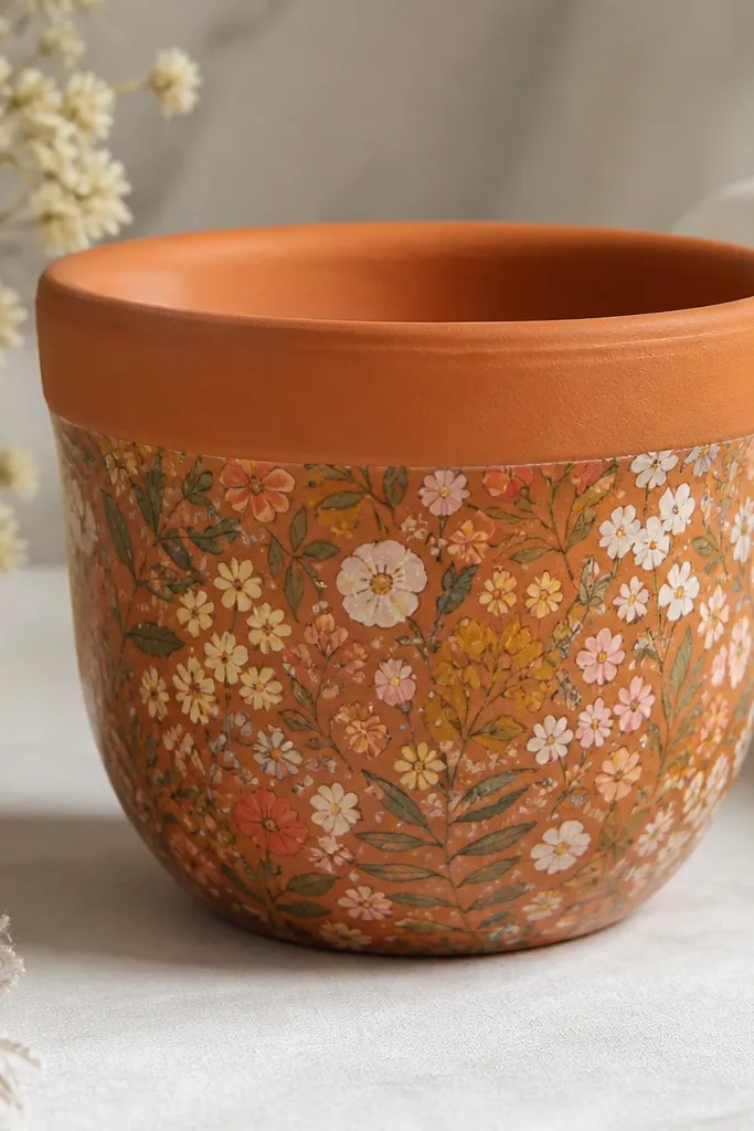 A small pot covered in a decoupage print of tiny flowers and leaves on a terracotta background, with visible paper edges smoothed down. The top has a clean section where paint stops, and the finish is clear glossy-satin.
