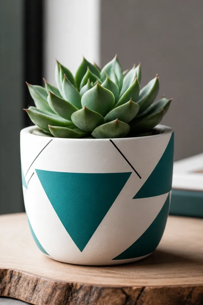 A small pot painted white with bold geometric triangles in teal and a few tiny black lines. The triangles wrap around the pot, with sharp edges and a satin finish.