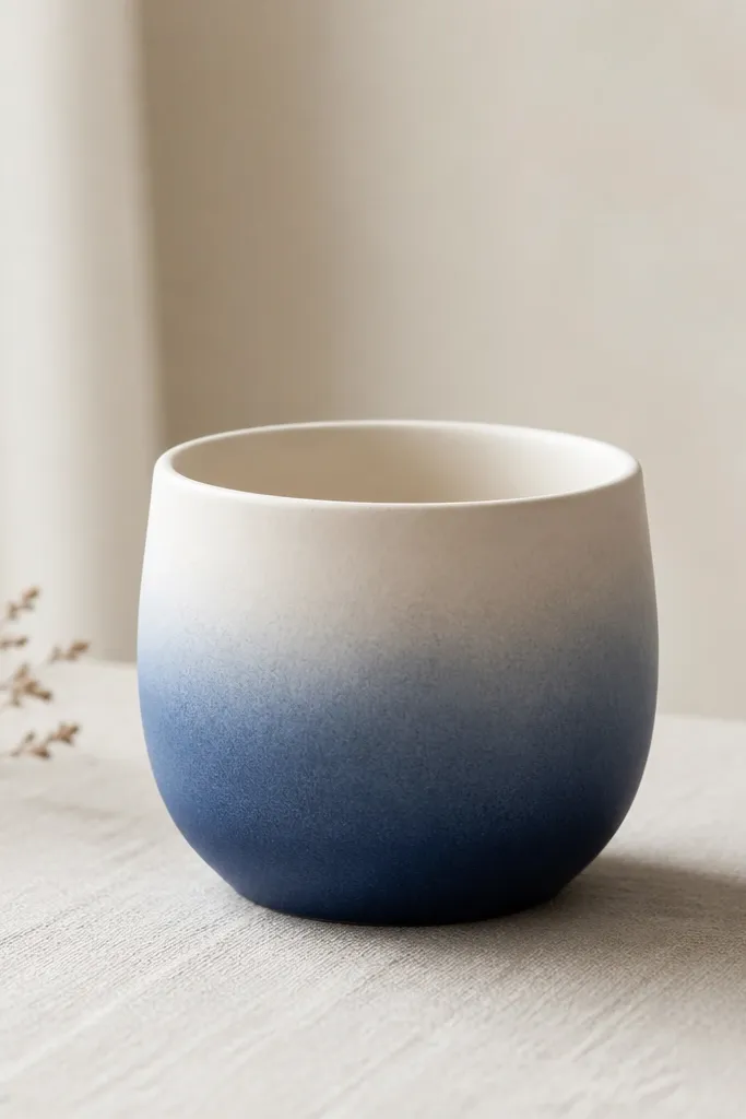 A small pot with a darker blue bottom half that fades into white near the top, with a soft blended edge. The rim is clean and the finish is matte.