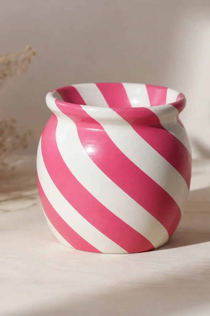 A small pot painted in a spiral pattern with alternating wide stripes of hot pink and white wrapping around the pot from top to bottom. The stripes are evenly spaced and the finish is satin.