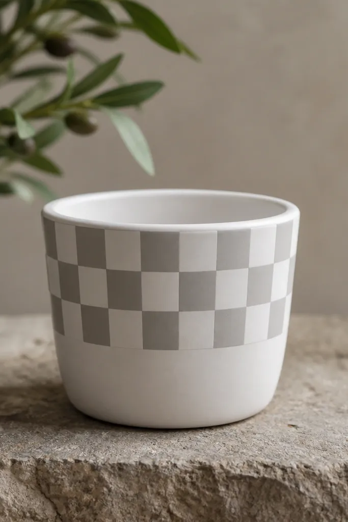 A small pot painted matte white with a soft gray checker pattern across the upper half, with neat squares that follow the pot's curve. The finish is matte and clean.