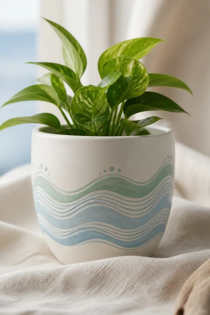 A small pot painted white with layered wave lines in seafoam green and sky blue across the middle, plus small dot accents at wave crests. The finish is satin.