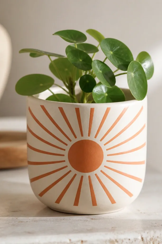 A small pot with a cream base and a retro sunburst design: a circle near the center with orange rays radiating outward. The rays are evenly spaced and the finish is satin.