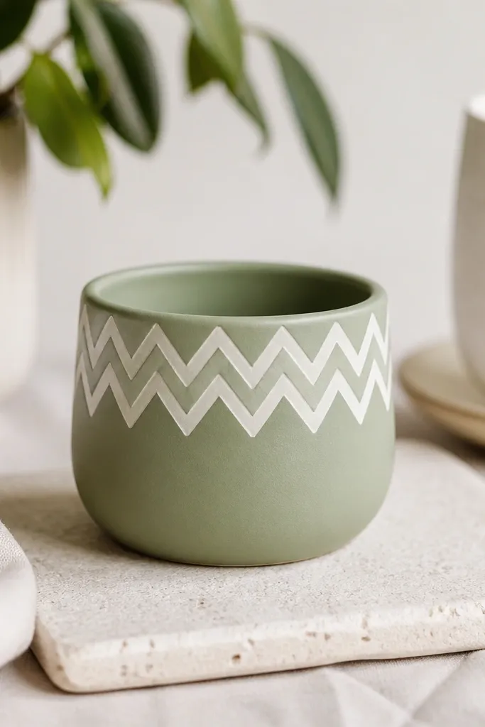 A small pot painted matte sage green with a white chevron border band around the upper half. The chevrons are sharp V shapes and the rim is clean.