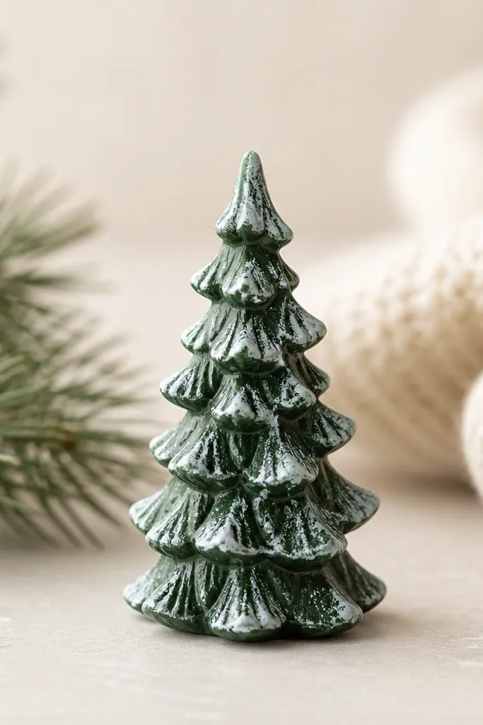 A tiny pine tree ornament with dark forest green paint and lighter dry-brushed snow on the outer branches; the surface has a subtle matte look with a clear coat sheen on edges.