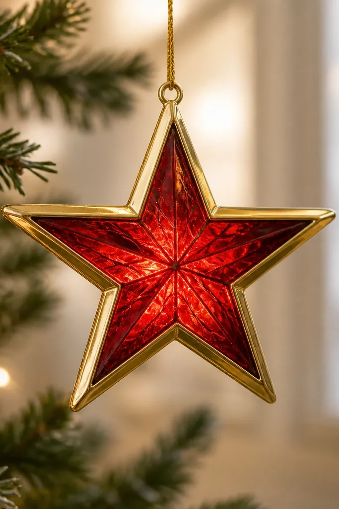 A five-point star ornament painted metallic gold on the edges with a translucent red center panel; the red center looks like stained glass and glows under warm light.