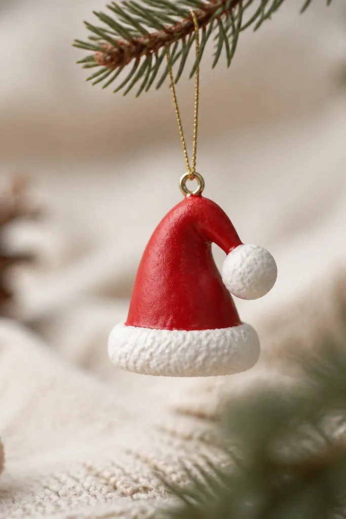 A small red Santa hat ornament with a slightly textured white faux fur trim at the brim and pom; the trim has tiny uneven brush strokes and a soft sheen.