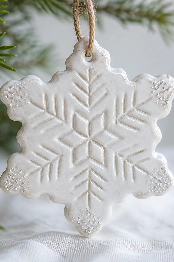A white salt dough snowflake with etched lines that look carved; the ornament has a glossy clear glaze over the white paint, with a few tiny glitter accents at the points.
