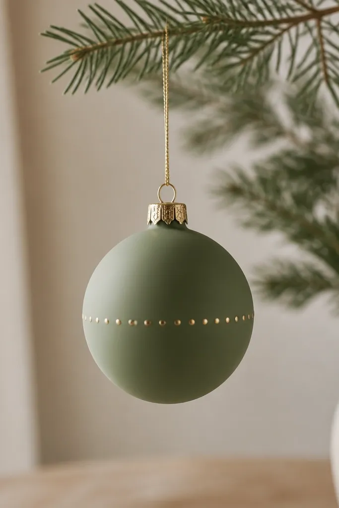 A round bauble ornament painted muted sage green with a ring of tiny metallic gold dots around the middle; it hangs from a thin gold cord.