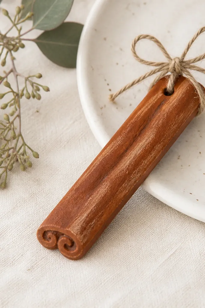 A flat salt dough cinnamon stick ornament painted warm brown with a few lighter streaks, tied with a small bow made from natural twine at one end.