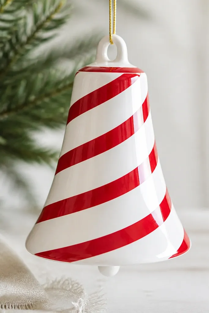 A bell-shaped ornament with white base and bold red diagonal stripes, plus a thin red rim around the top; the bell has a glossy finish.