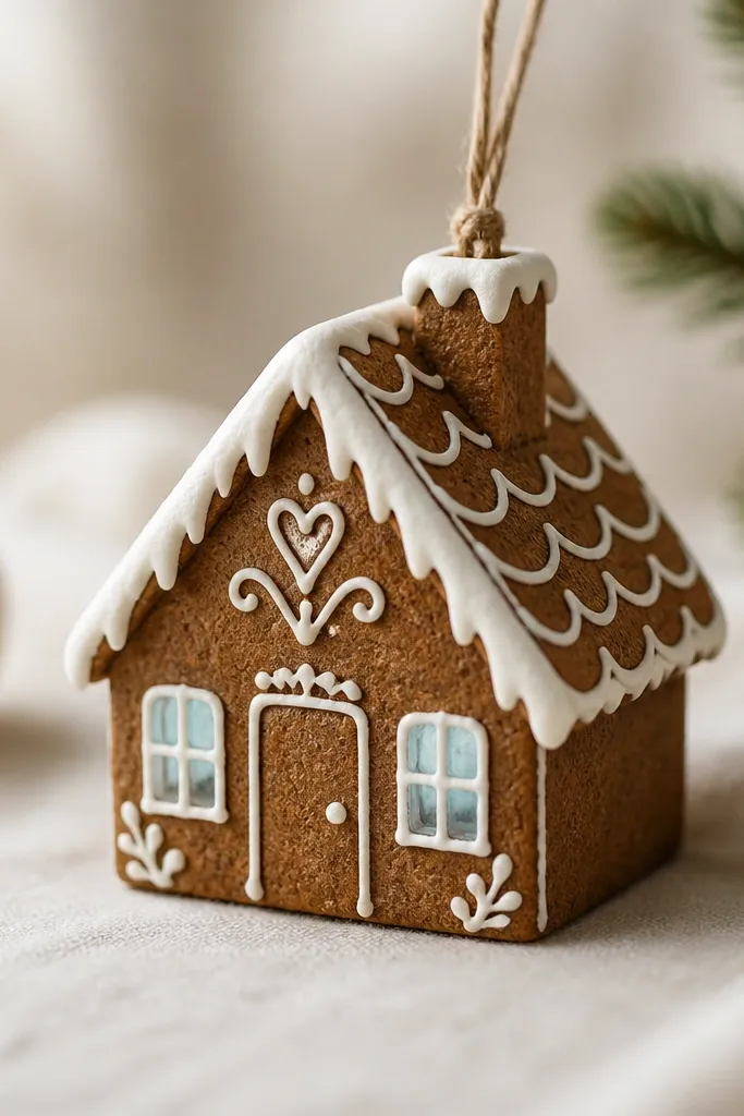 A miniature gingerbread house ornament with brown walls, two small window cutouts, and white icing lines; the windows have a pale blue tinted paint glow.