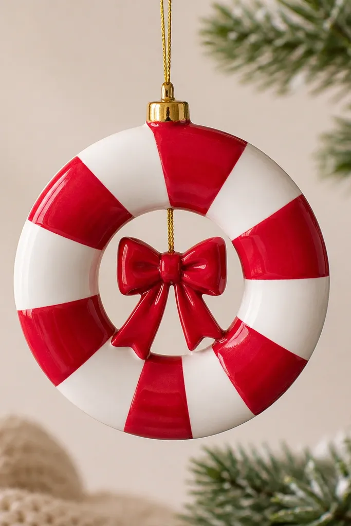 A round wreath ornament painted in alternating red and white segments, with a small red bow in the center; the surface is lightly glossy.