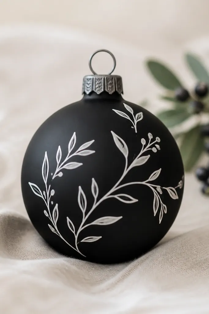 A matte black round ornament with white script lettering transferred onto the surface; the lettering looks like clean typography, with a subtle satin sheen.