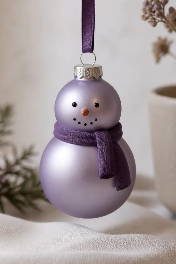 A small snowman ornament painted lavender-gray with a simple face, and a darker purple scarf that looks like it wraps around the neck; it has a satin finish.