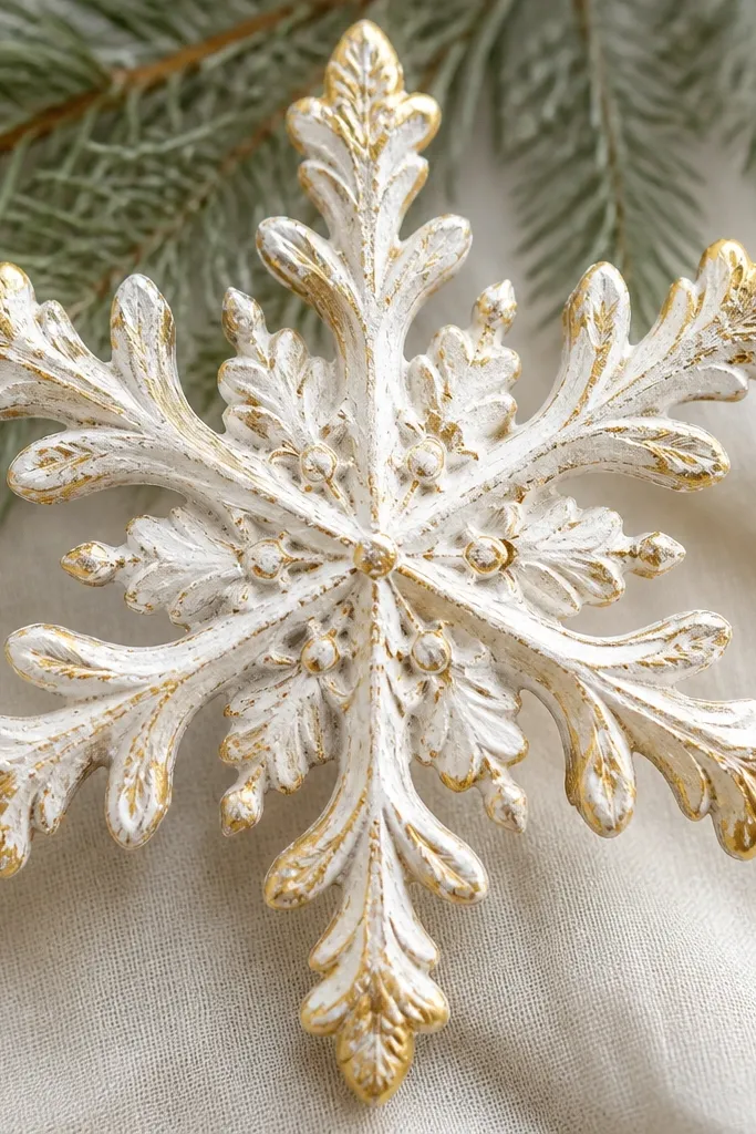A white-washed snowflake ornament with gold foil applied to raised areas, creating a metallic contrast; the foil catches light at the tips.
