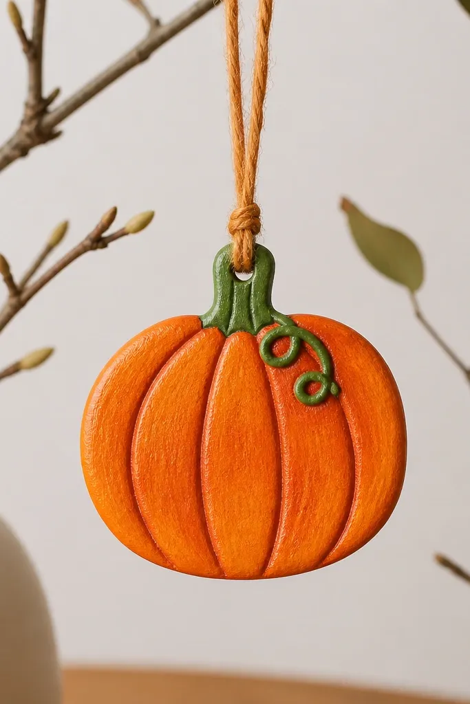 A small pumpkin salt dough ornament painted bright orange with vertical rib lines, a green stem, and a tiny curled vine detail; it hangs with orange twine.