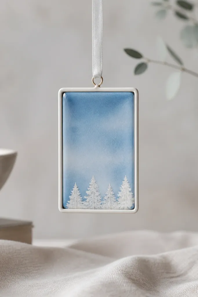 A small rectangular frame ornament with a blue sky wash inside, tiny white trees at the bottom, and a thin white border; it has a gentle glossy finish.