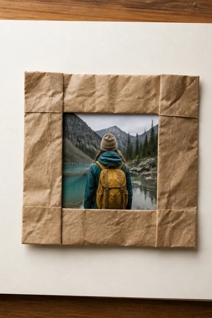 Brown paper bag window frame around one small with a neat caption strip