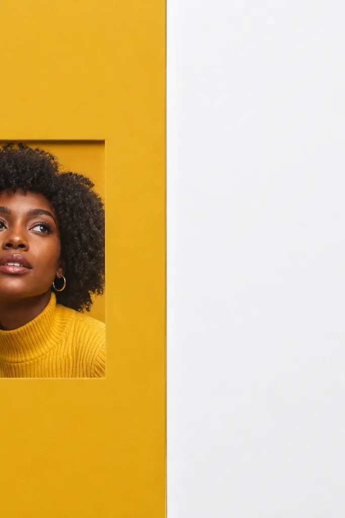 Bold half-page color block with a small cutout shape and a clean caption