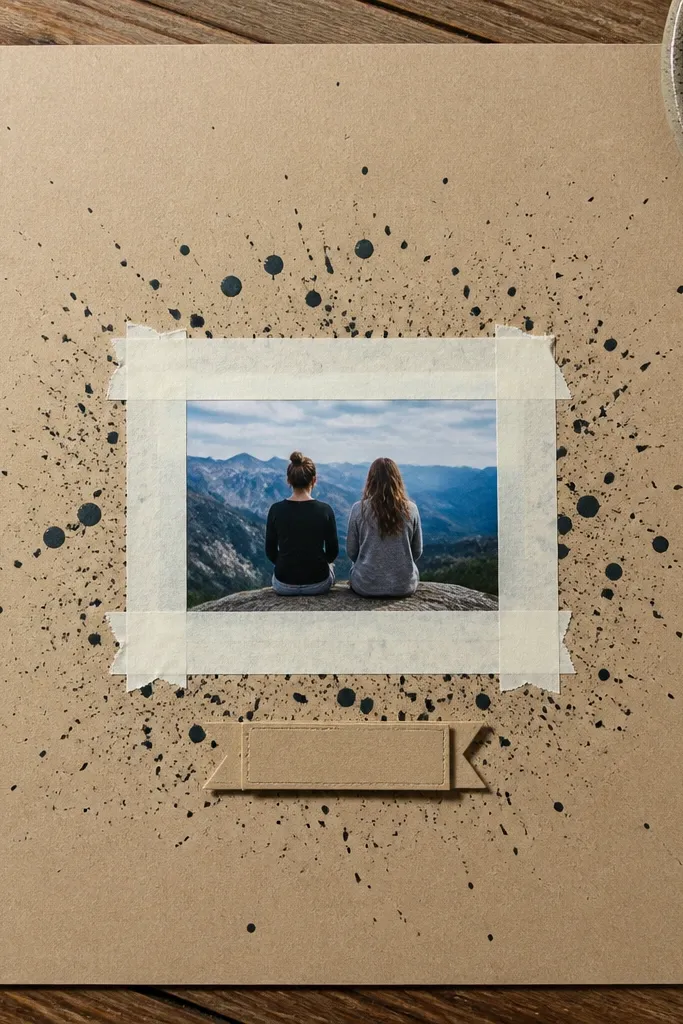 A clean page with masked center and controlled paint splatters around a small