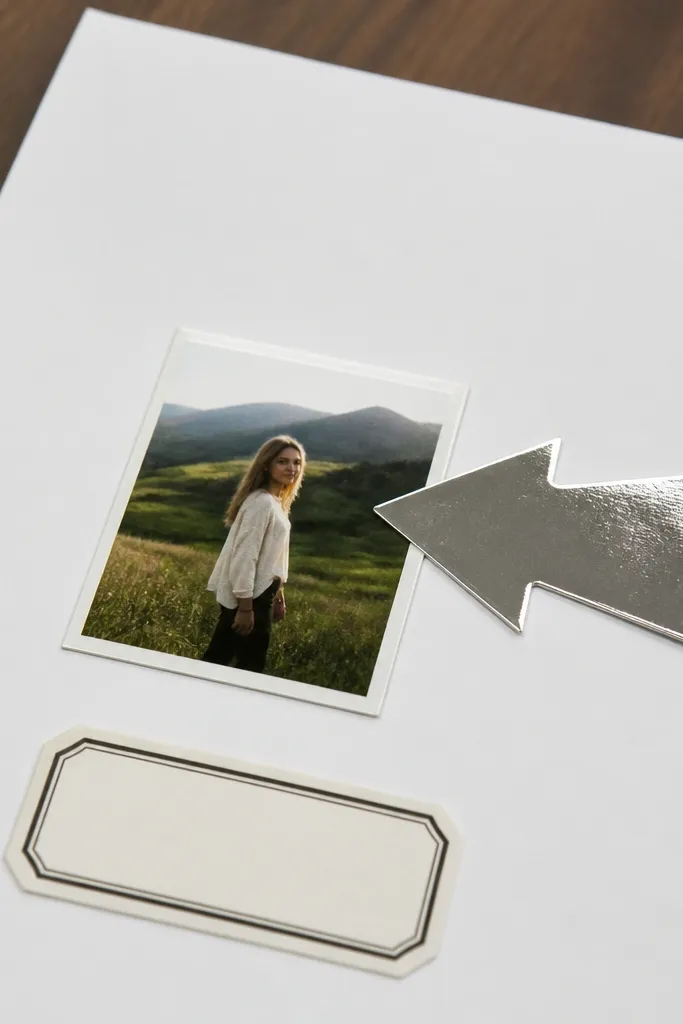 Small with a shiny foil arrow made from packaging pointing to the image