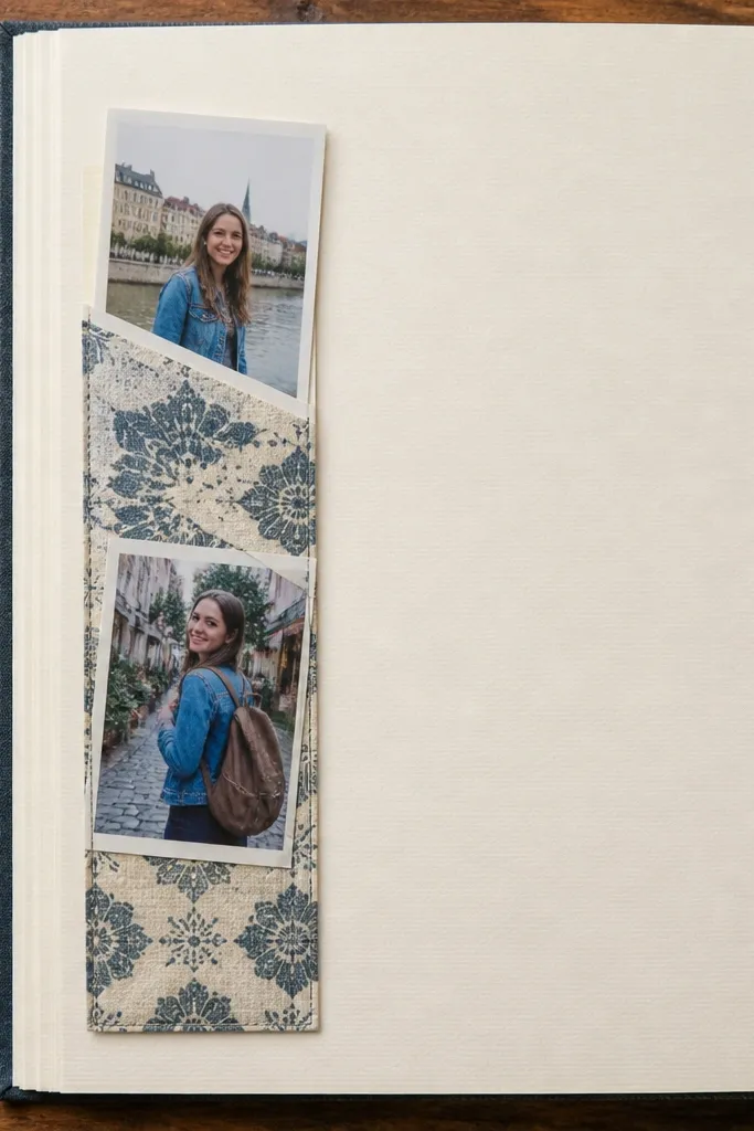 Two small photos in a long narrow pocket strip with a handwritten title